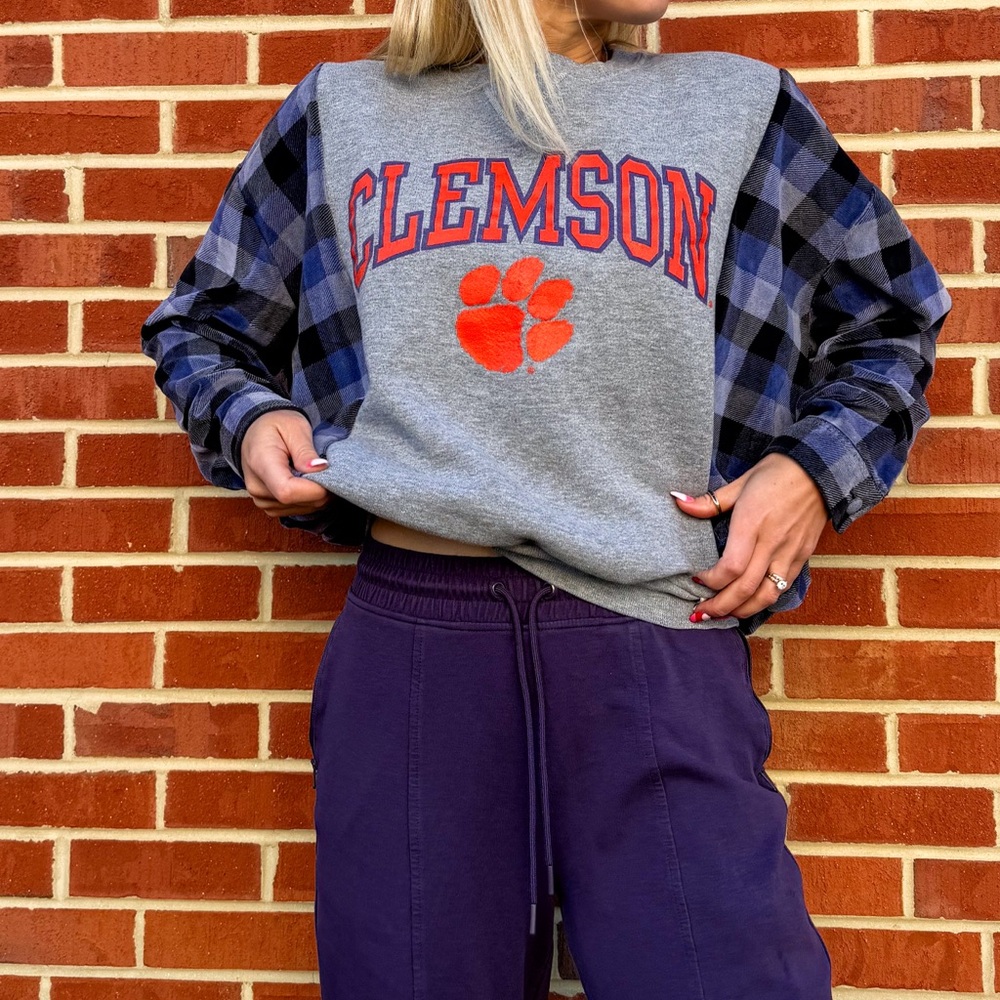 Clemson Gray & Navy Plaid Sleeve Sweatshirt with Orange Paw